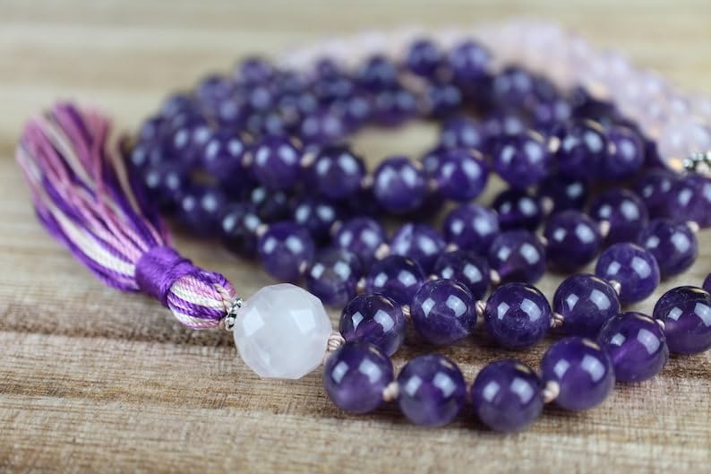 Natural Amethyst and Rose Quartz 8mm 108 Mala Beads, Spiritual, Meditation Beads, Reiki, Japa Mala, Buddhist Prayer Beads, Yoga Bracelet, healing beads LKMALA-RRGU-2928