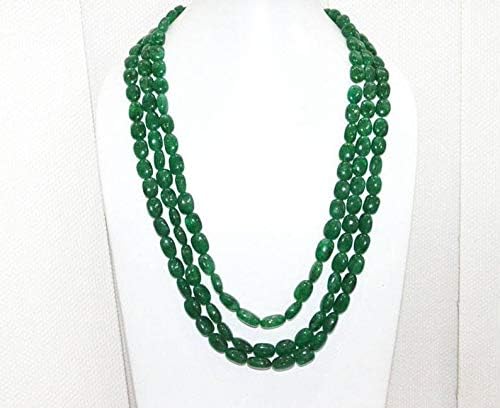 JEWELZ 3 lines dyed emerald smooth oval shape necklace, dyed emerald smooth oval beads, emerald necklace, 9x11-13x16.5 mm
