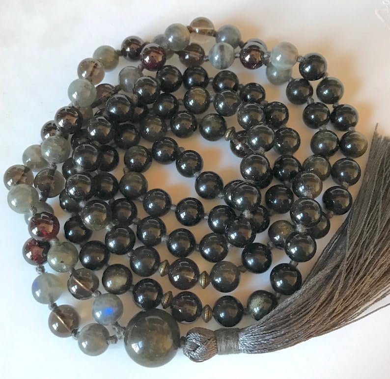 Natural Obsidian, Labradorite, Smoky Quartz, Garnet 8mm-14mm 108 Mala Beads, Spiritual, Meditation Beads, Reiki, Japa Mala, Buddhist Prayer Beads, Yoga Bracelet, healing beads LKMALA-RRGU-1029