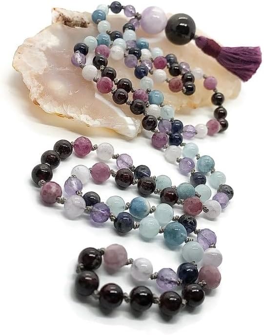 Natural aquamarine, ruby, garnet, iolite, amethyst 6mm-10mm 108 Mala Beads, Spiritual, Meditation Beads, Reiki, Japa Mala, Buddhist Prayer Beads, Yoga Bracelet, healing beads LKMALA-RRGU-459