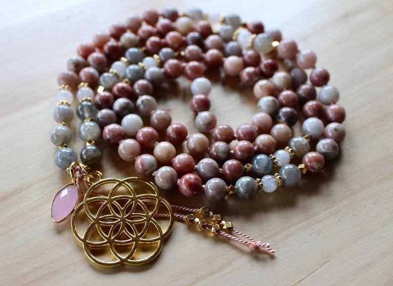 Jasper, Labradorite, Moonstone Stone Mala Beads, 108 Mala Necklace, Knotted Mala, WWG Necklace, Yoga Jewelry Meditation Beads Spiritual Jewelry Boho Jewelry, 34inch, Gemstone, 34inch,