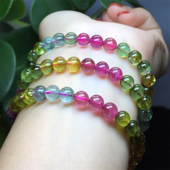 BEADS GEMSTONE 1 Strands Natural Mix Tourmaline Multi-color Stretch Bracelet Round Beads Necklace 3 Turns Size: 6.5mm 04444 Code-HIGH-23328