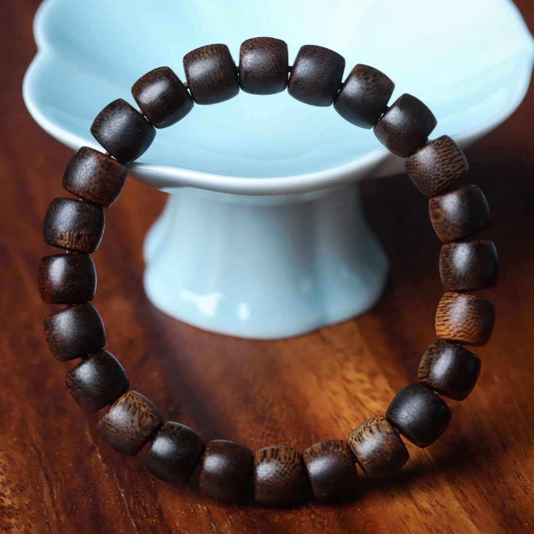 Hainan Yingge Green Aquilaria Agallocha Agarwood 9mm Barrel Beads Single Strand Full Grain, Dense Fragrance, Sweet and Cool Sink-Grade