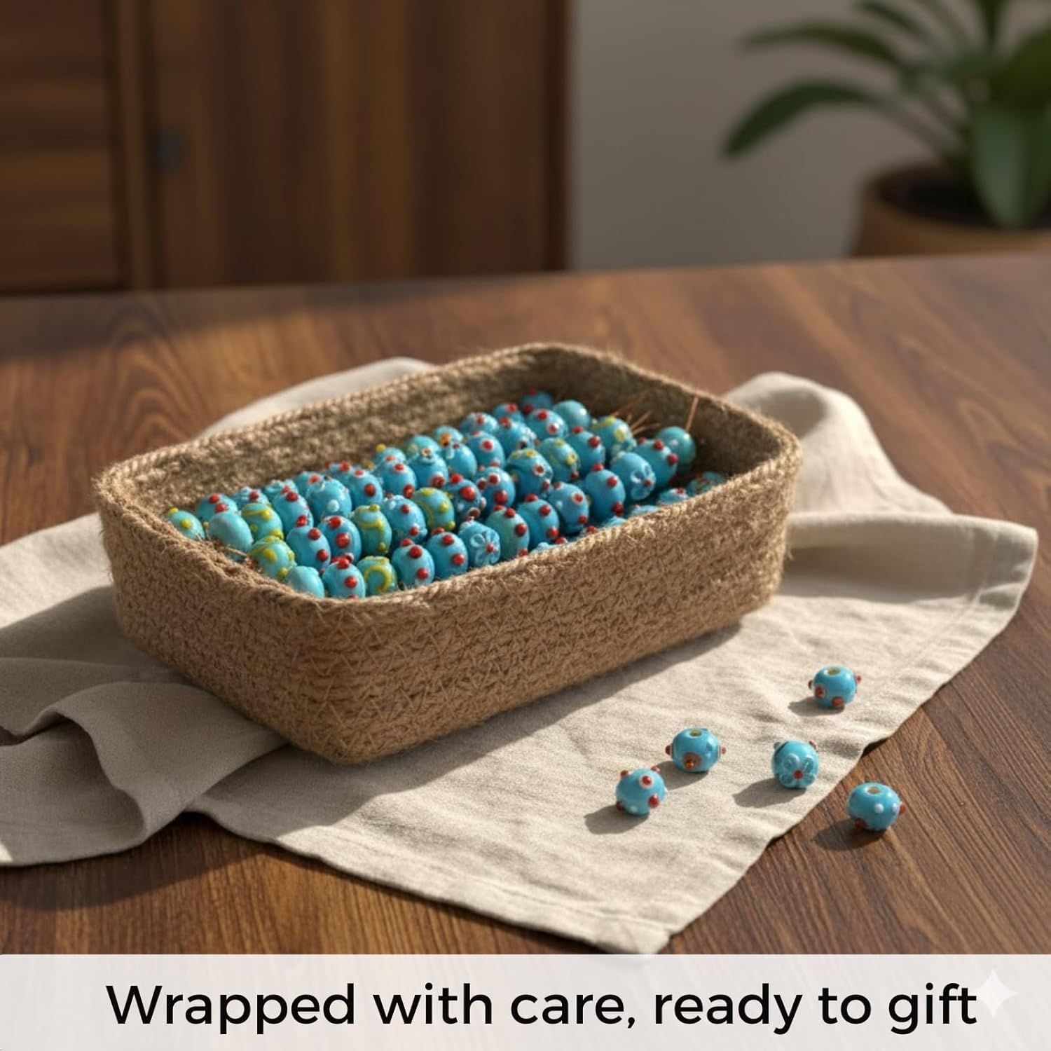 Handcrafted Light Blue Lampwork Glass Beads | Artistic Beads with Red Dots | Available in 10 Strands | Premium Handmade Beads for Jewelry Making, DIY & Crafts.