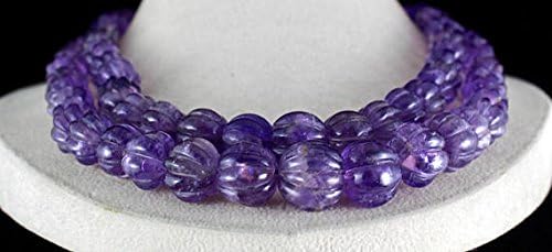 2 Line Natural Purple Amethyst Carved Melon Beads Necklace 20 INCHES 15 MM to 10 MM