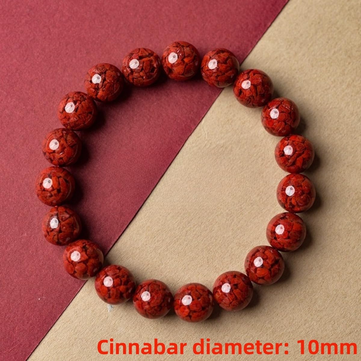 Natural Red Cinnabar Crystal Beaded Bracelet, Traditional Chinese Style Prayer Mala Beads, 6-14mm Graduated Size, Polished Round Shape