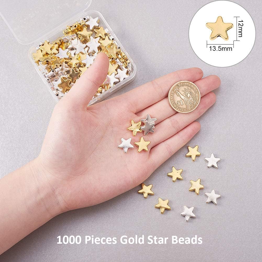 PH PandaHall 1000pcs Gold Star Beads, 12x13.5mm Metal Twinkle Star Beads Craft Bead Loose Bead for Christmas Ornaments Bracelet Necklace Jewelry Making, Hole 1.5mm,