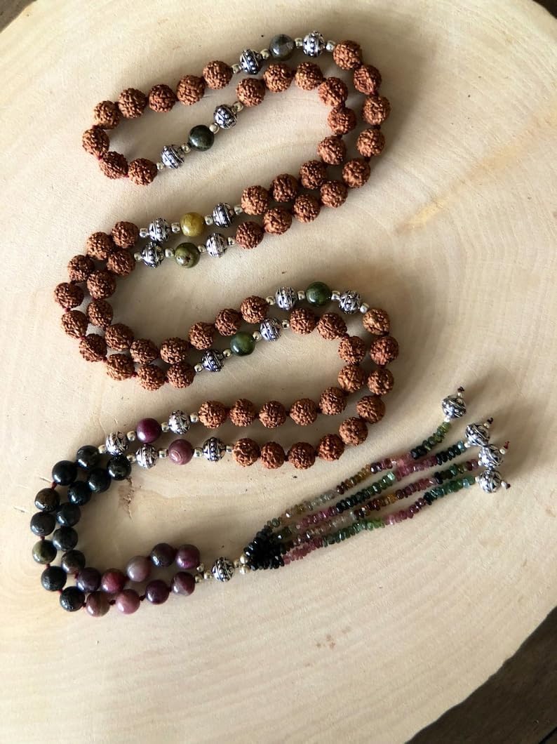 Natural Rudraksha and Tourmaline 8mm 108 Mala Beads, Spiritual, Meditation Beads, Reiki, Japa Mala, Buddhist Prayer Beads, Yoga Bracelet, healing beads LKMALA-RRGU-3558