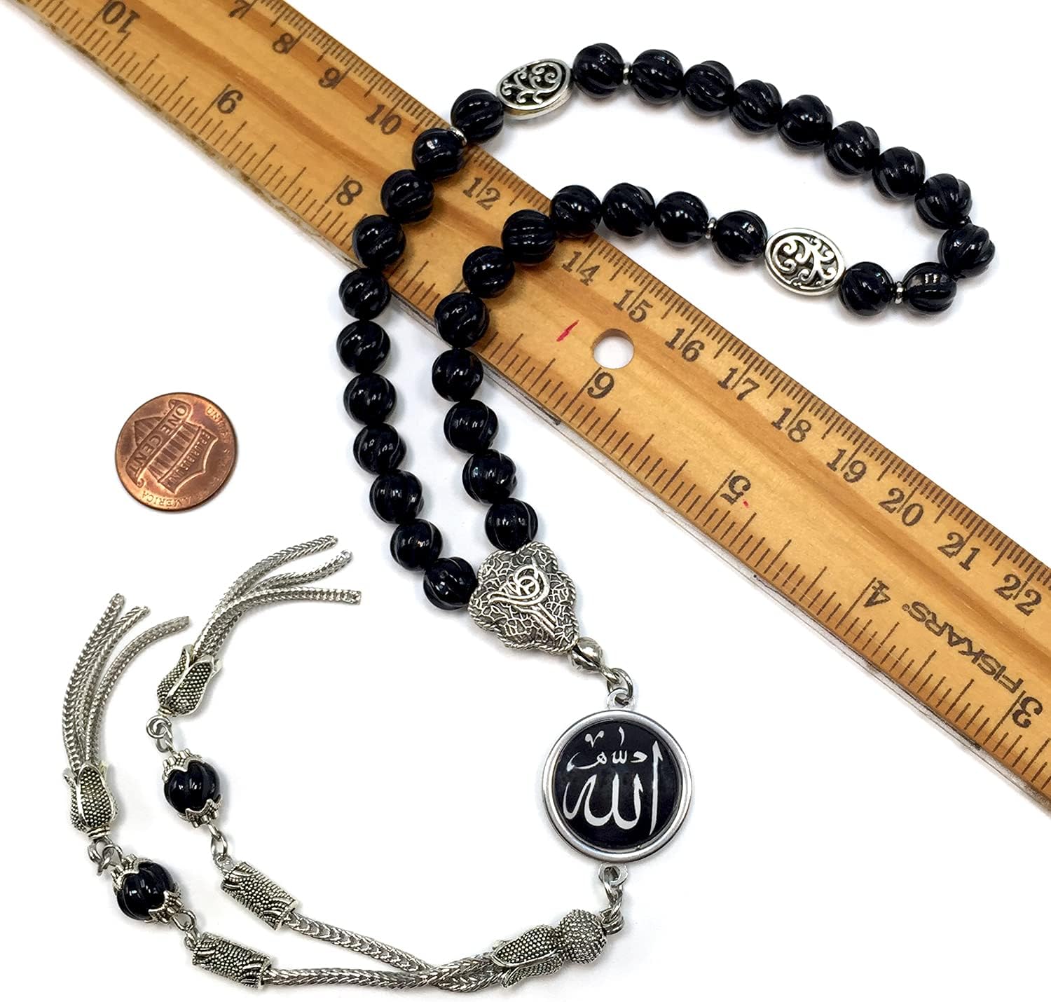-Regal Collection- Prayer Beads-Tesbih-Tasbih-Tasbeeh-Misbaha-Masbaha-Subha-Sebha-Sibha-Rosary (-Genuine Carved Black Agate Stone -8mm 33 Beads- & Black Agate Bracelet-)