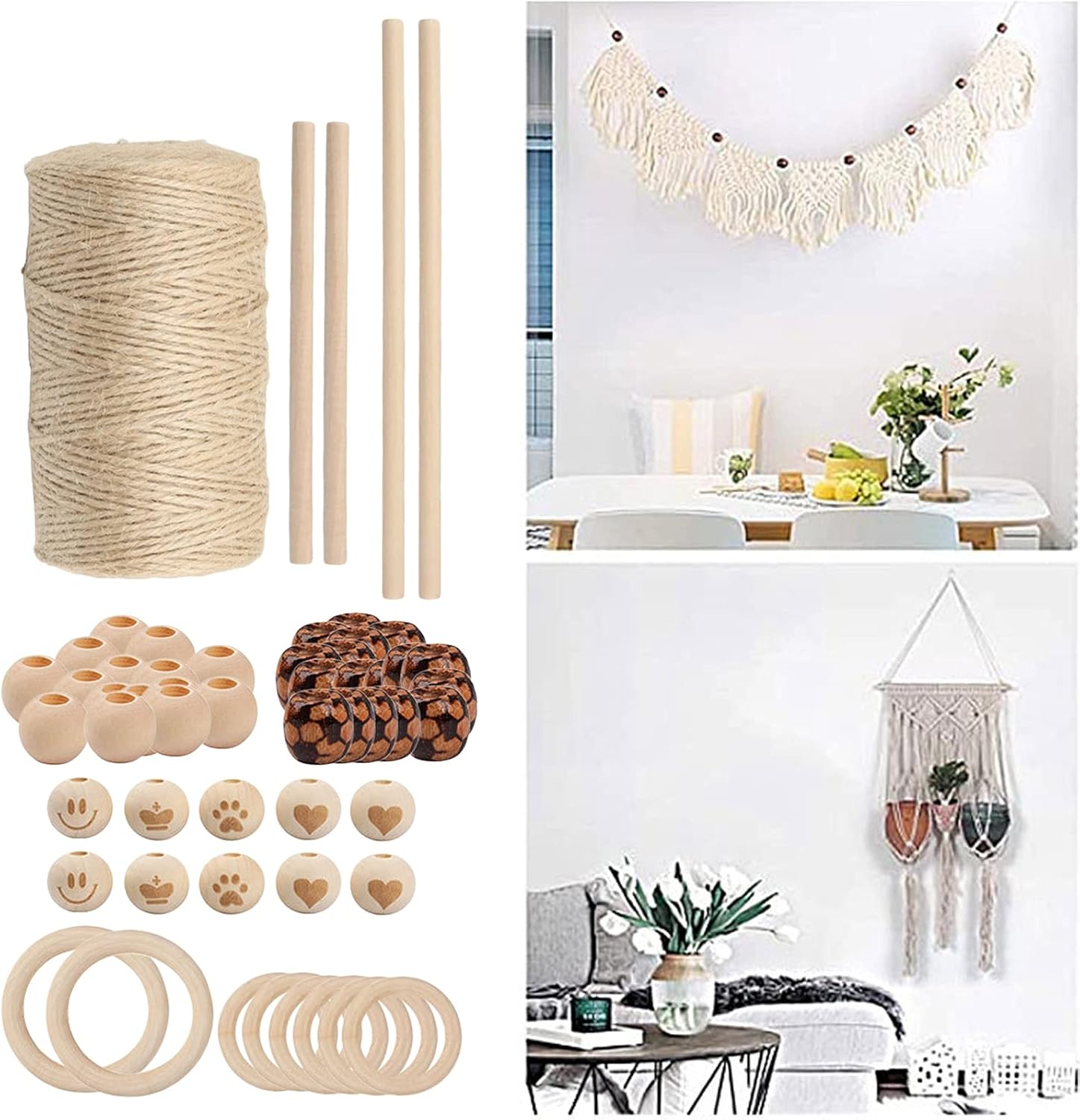 OP Macrame Kit 3mm Macrame Cotton Cord with Wooden Beads, Wooden Rings for Wall T211