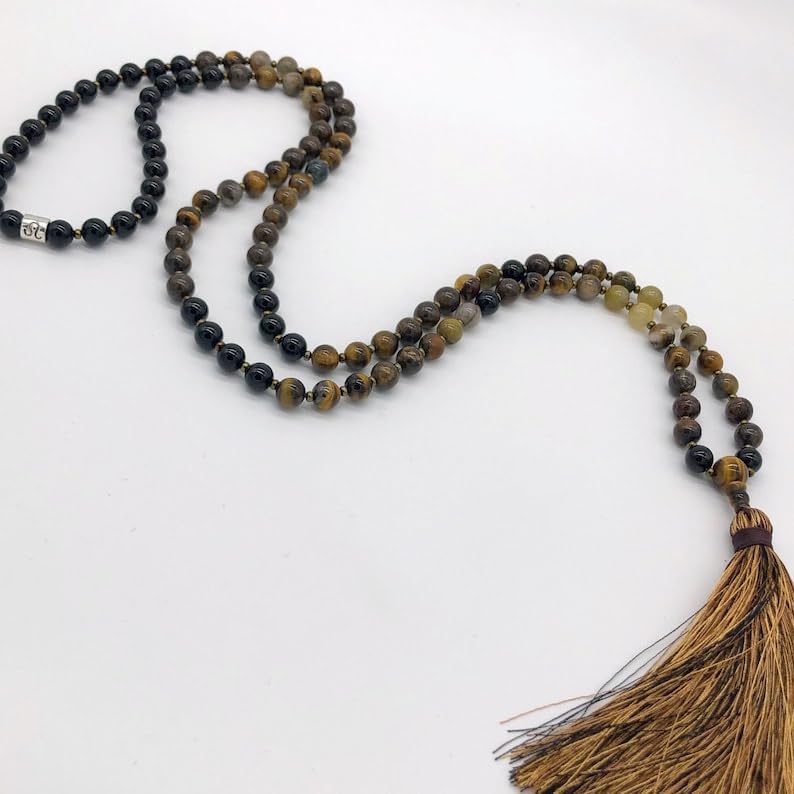 BRONZITE ,ONYX,PIETERSITE,TIGERS EYE Stone Mala Beads, 108 Mala Necklace, Knotted Mala, WWG Necklace, Yoga Jewelry Meditation Beads Spiritual Jewelry Boho Jewelry, 34inch, Gemstone