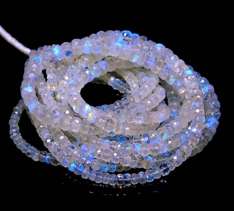 SPARKLE GEMS & JEWELS Faceted Rainbow Moonstone Rondelle Beads 3–5 mm, 12 Inch Strand, Blue Fire Moonstone for Jewelry Making, Handmade Necklace Bracelet Earrings, Natural Gemstone Beads (10 Strand)