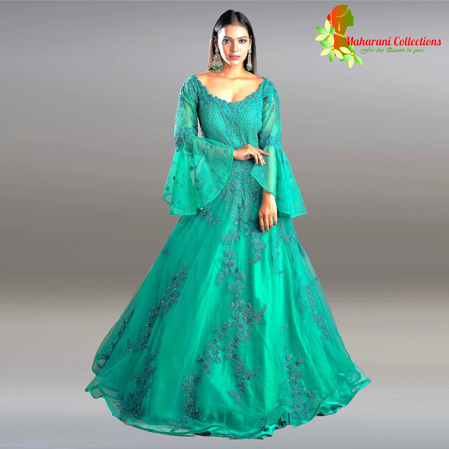 Maharani's Designer Ball (Princess) Gown - Dark Green with Net, Beads, Sequins and Thread Work