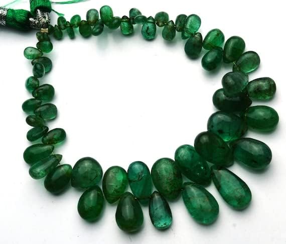 BEADS GEMSTONE 1 Strand Natural Emerald Smooth Pear Shape Briolettes 7 Inch Full Strand 3x5MM to 7x12MM Approx Code-HIGH-4544