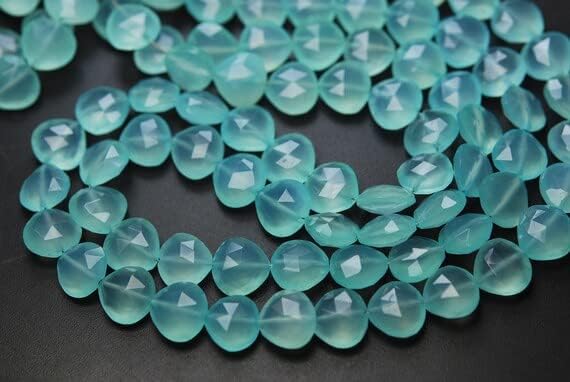 8 Inches Strand,Aqua Chalcedony Faceted Full Drilled Heart Shape Briolettes, 11-12mm Size,