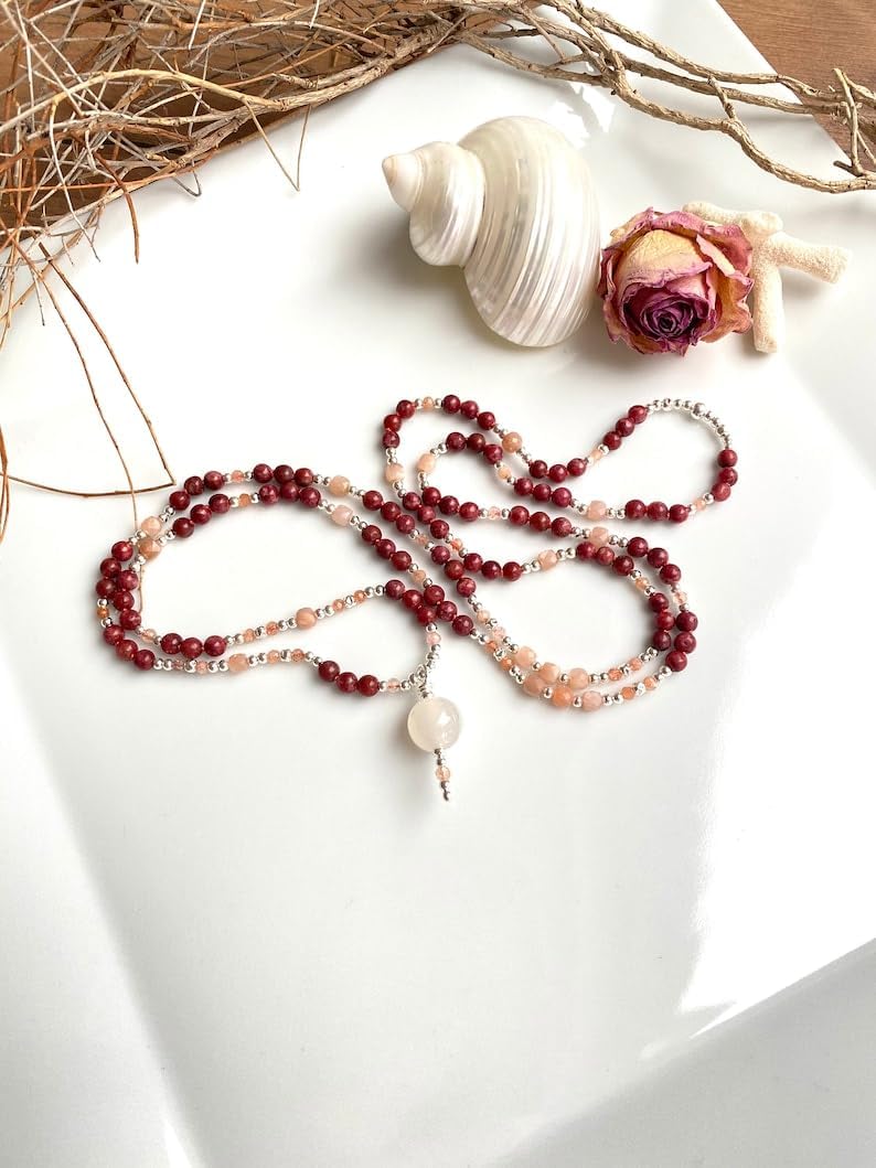 Natural thulite and moonstone 4mm 108 Mala Beads, Spiritual, Meditation Beads, Reiki, Japa Mala, Buddhist Prayer Beads, Yoga Bracelet, healing beads LKMALA-RRGU-3407