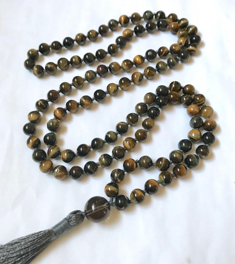 Natural Tiger's Eye,Smoky Quartz 8mm-14mm 108 Mala Beads, Spiritual, Meditation Beads, Reiki, Japa Mala, Buddhist Prayer Beads, Yoga Bracelet, healing beads LKMALA-RRGU-1012