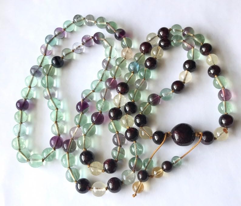 Natural Rainbow Fluorite, Citrine, Garnet, 8mm-12mm 108 Mala Beads, Spiritual, Meditation Beads, Reiki, Japa Mala, Buddhist Prayer Beads, Yoga Bracelet, healing beads LKMALA-RRGU-1023