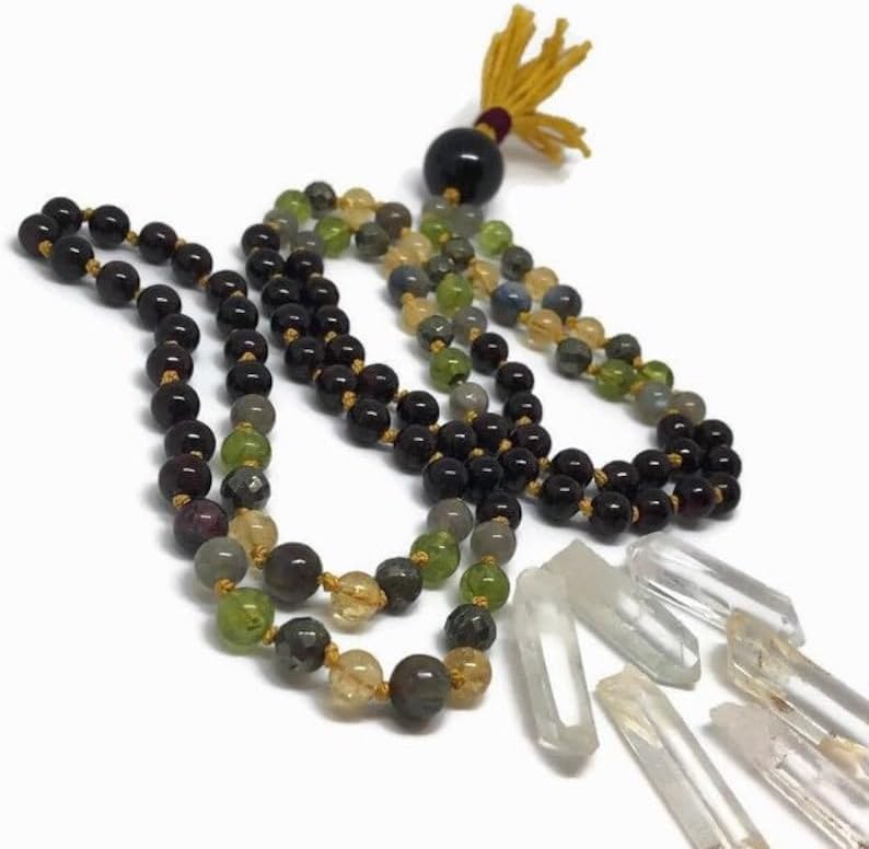 garnet, pyrite, peridot, kyanite, citrine, and labradorite Stone Mala Beads, 108 Mala Necklace, Knotted Mala, WWG Necklace, Yoga Jewelry Meditation Beads Spiritual Jewelry Boho Jewelry