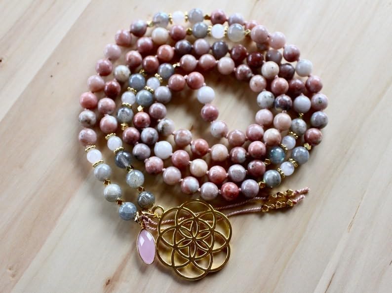Jasper, Labradorite, Moonstone Stone Mala Beads, 108 Mala Necklace, Knotted Mala, WWG Necklace, Yoga Jewelry Meditation Beads Spiritual Jewelry Boho Jewelry, 34inch, Gemstone, 34inch,