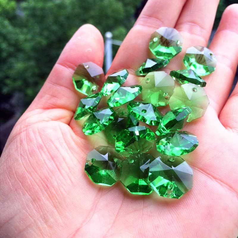 Hanging Crystals Prisms 1000pcs Chandelier Beads 14mm Crystal Octagon Beads in 2holes (with 1000 Rings) Crystal Glass Wedding Decoration Curtain Green Beads Hangings Crystals for Decoration