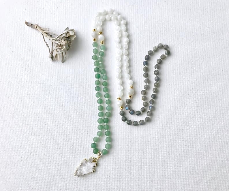 Natural Green Aventurine Moonstone Labradorite and Quartz 8mm 108 Mala Beads, Spiritual, Meditation Beads, Reiki, Japa Mala, Buddhist Prayer Beads, Yoga Bracelet, healing beads LKMALA-RRGU-2187