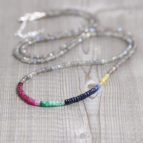 JEWELZ sapphire, ruby, emerald & labradorite long necklace. delicate beaded layering necklace. dainty ombre gemstone. sterling silver, rose gold filledfilled 3.5 to 4mm 16