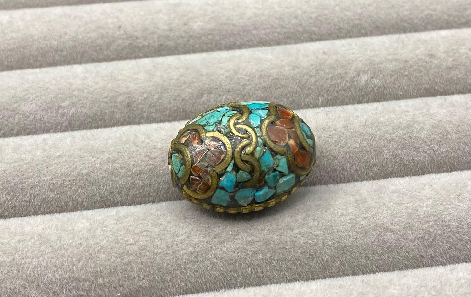 23X13mm Handcrafted 7g Natural Nepalese Tibetan Brass Bead with Turquoise & Coral Inlay – Vintage Ethnic Dzi Style Oval Bead for,Loose Beads,Jewelry Making