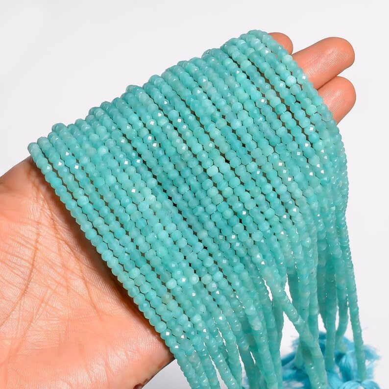 Natural Amazonite Faceted Rondelle Beads 3-4mm, Center Drilled Semi-Precious Gemstones for Jewelry Making, Healing Energy Crystal Beads for Necklace, Bracelet, and Earring Design (10)