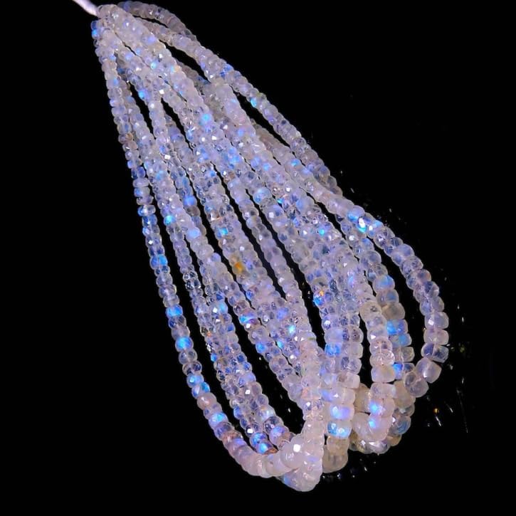 SPARKLE GEMS & JEWELS Faceted Rainbow Moonstone Rondelle Beads 3–5 mm, 12 Inch Strand, Blue Fire Moonstone for Jewelry Making, Handmade Necklace Bracelet Earrings, Natural Gemstone Beads (10 Strand)