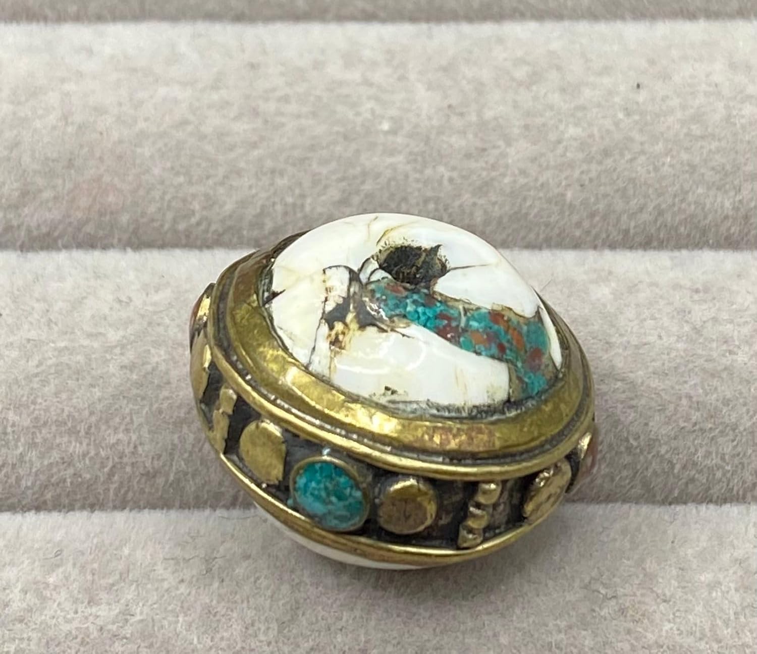 Handcrafted Nepalese Tibetan Natural Shell Pearl Bead with Turquoise and Coral 16x21mm – 9g Round Carved Bead for Jewelry Making, Craft Supplies, DIY Necklace & Bracelet Design (20)