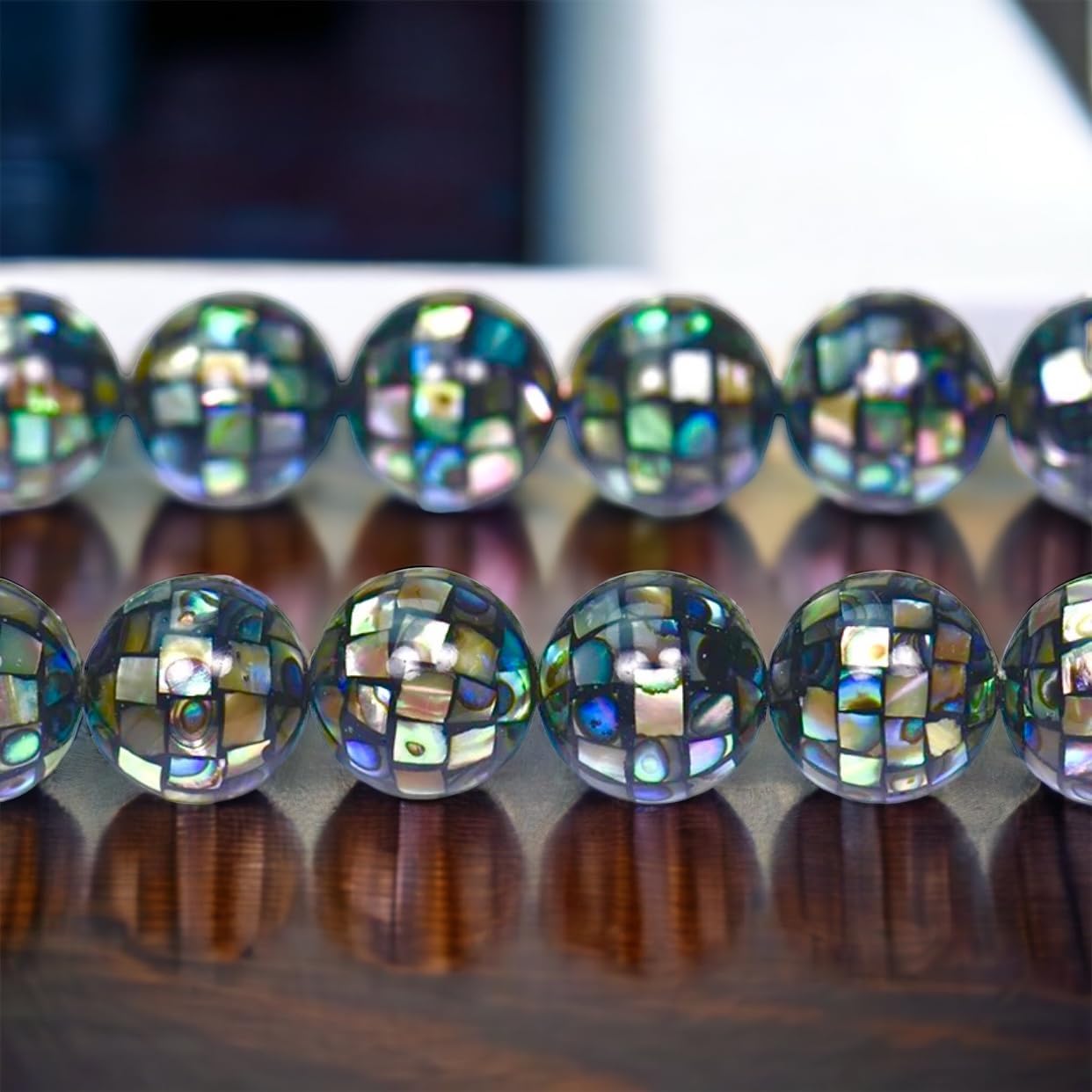 ABCGEMS (Full Strand) Gigantic New Zealand Abalone Beads (Each Bead is a Testament to Labor-Intensive Artistry- Exquisite Craftmanship) Checkerboard-Inlaid Mosaic Smooth Round 14mm (28 Beads)