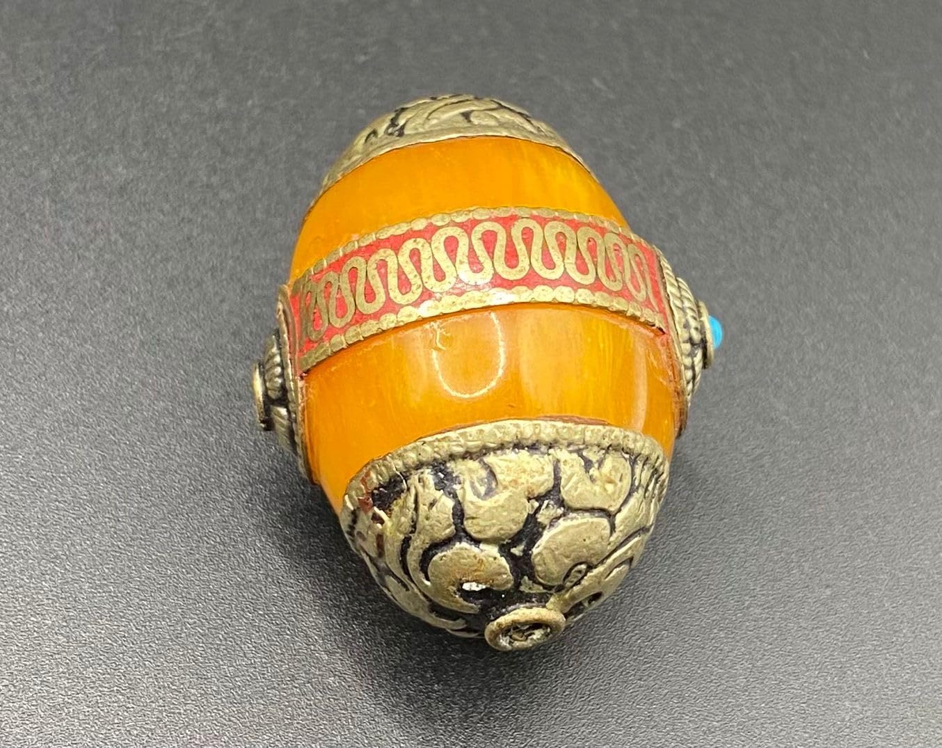 36x24mm Handmade Tibetan Natural Amber Bead with Coral Inlay – Ethnic Silver for Jewelry Making,14.21g Nepalese Boho Focal Bead for Necklace or Bracelet (20)