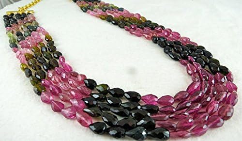 5 Line Natural Multi Tourmaline Facetted Tear Drops Beads String Necklace 22 INCHES 11MM to 8MM