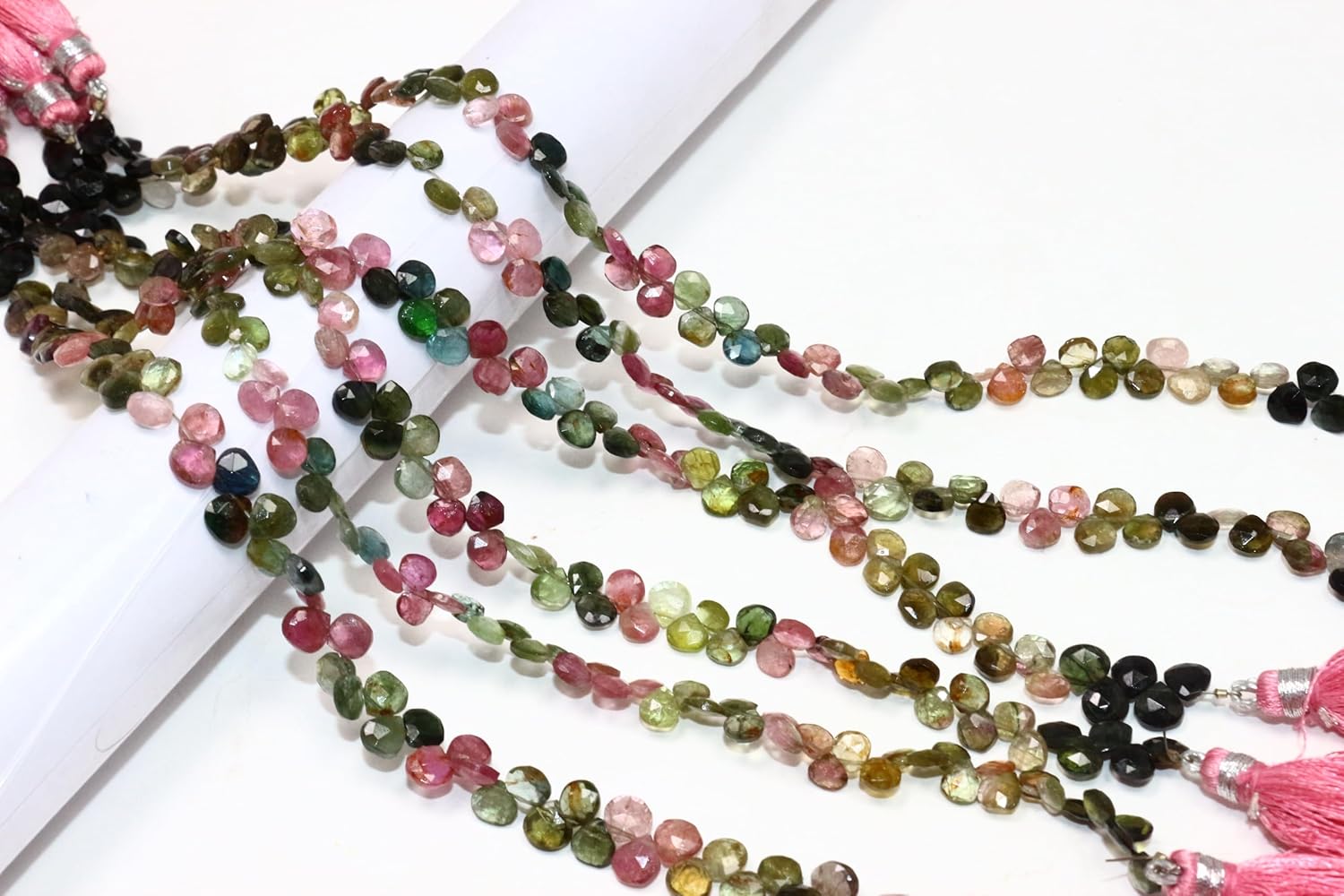 Natural Multi-Colored Tourmaline Heart Shaped Faceted Beads, Pink Green Black, 5-6mm Size, 8 Inch Strand with Tassel