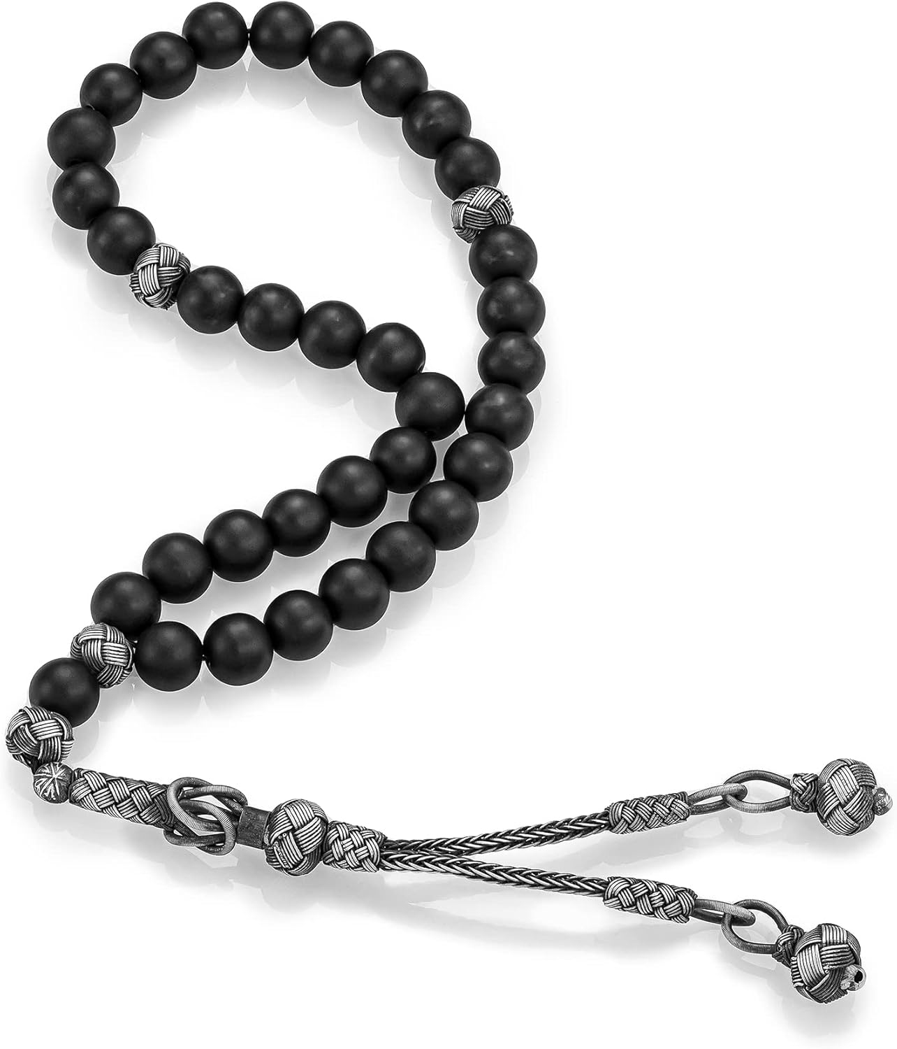 1000 Ct Silver Turkish Kazaz Matte Onyx Islamic 33 Prayer Beads Tasbeeh Rosary