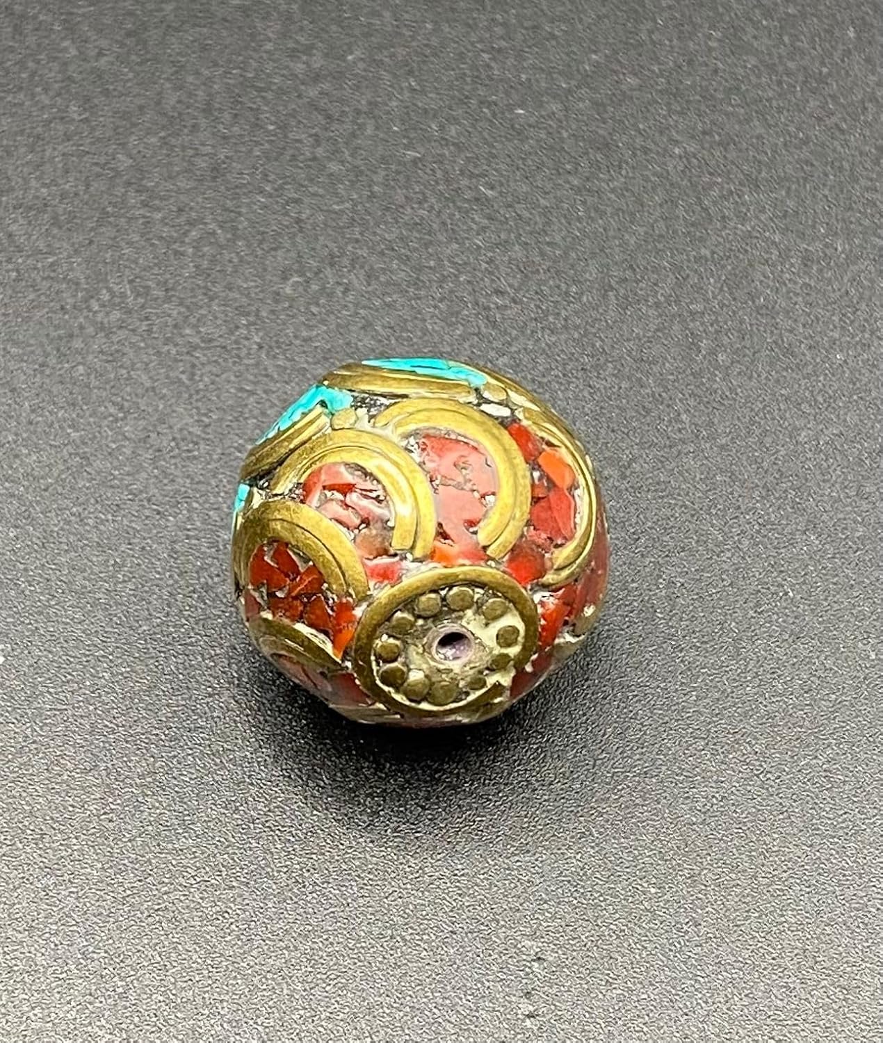 ALI OPLAS Old Antique Nepali Tibetan Handmade Brass Bead 18mm 9g | Turquoise & Coral Inlay Round Bead | Ethnic Boho Jewelry Supply | for Pendant Bracelet Necklace Making (50)