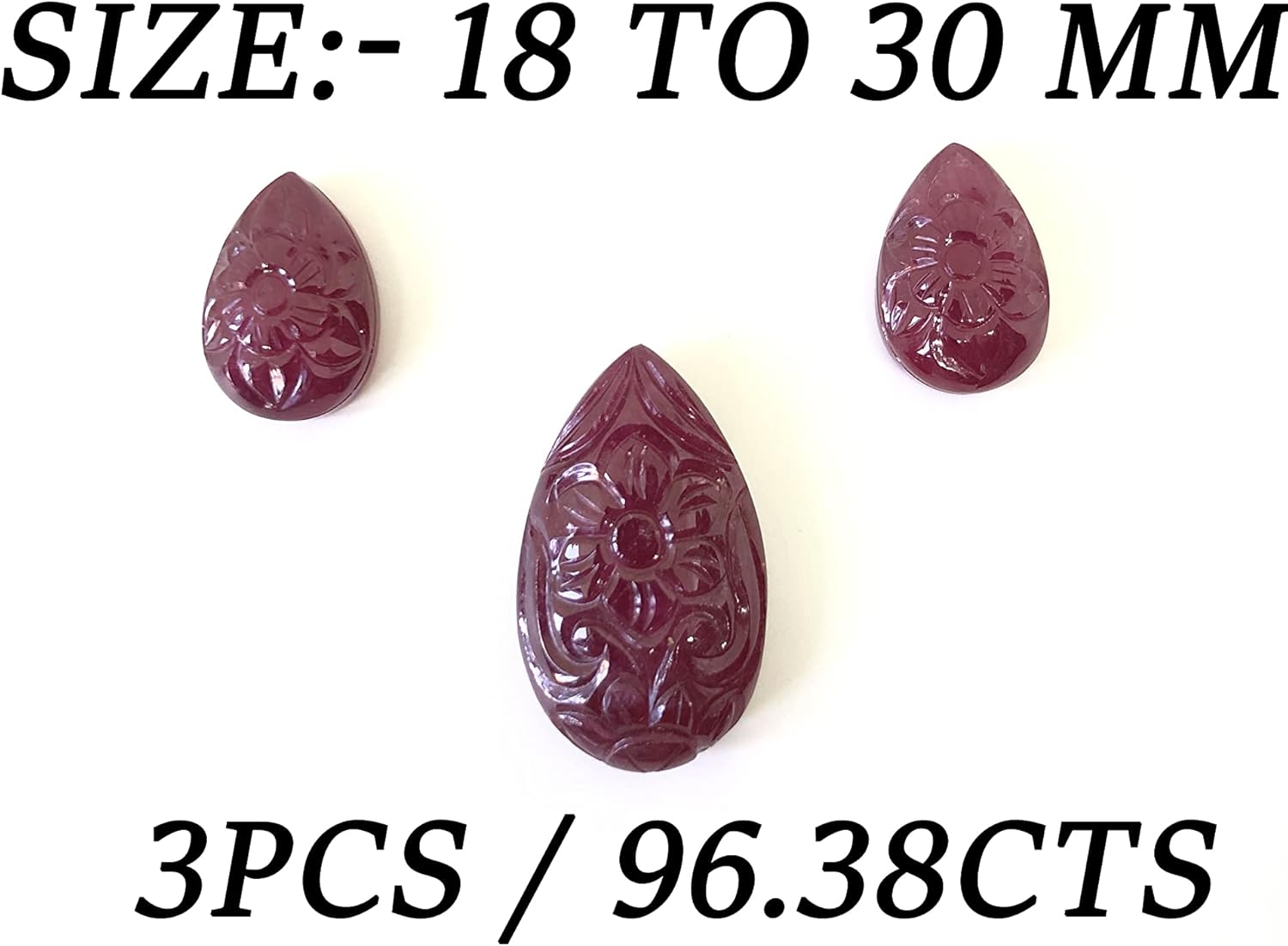96.38 Ct Ruby Hand Carved Pear Shape Layout Wholesale 3 Pieces Lot Loose Gemstone Carved Flower Design Layout For Making Jewelry Designs