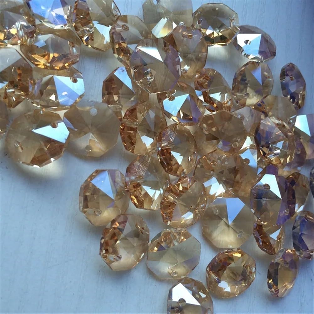Hanging Crystals Prisms 500pcs 14mm Champange Crystal Octagon Beads in 2 Holes for Accessories Chandelier Parts Hangings Crystals for Decoration