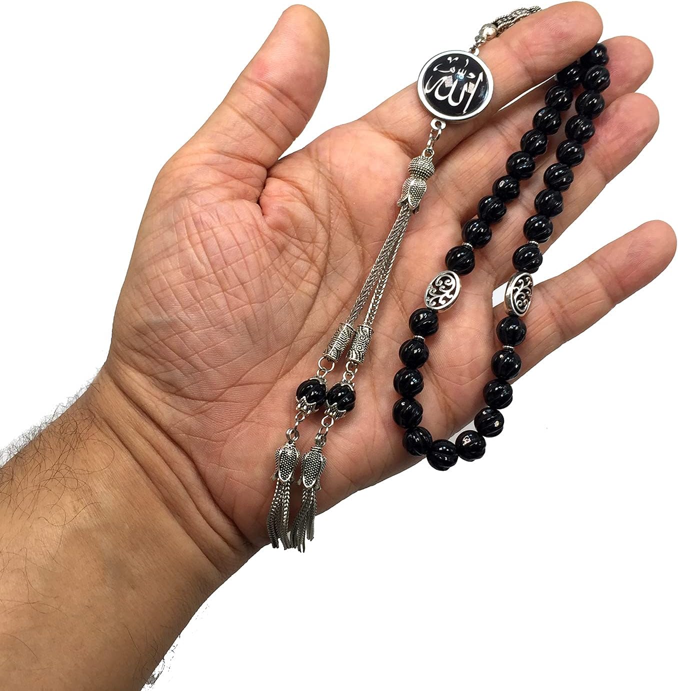 -Regal Collection- Prayer Beads-Tesbih-Tasbih-Tasbeeh-Misbaha-Masbaha-Subha-Sebha-Sibha-Rosary (-Genuine Carved Black Agate Stone -8mm 33 Beads- & Black Agate Bracelet-)