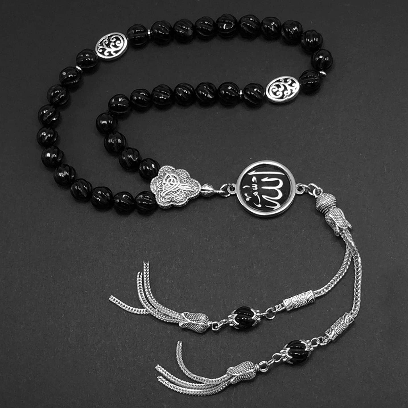 -Regal Collection- Prayer Beads-Tesbih-Tasbih-Tasbeeh-Misbaha-Masbaha-Subha-Sebha-Sibha-Rosary (-Genuine Carved Black Agate Stone -8mm 33 Beads- & Black Agate Bracelet-)