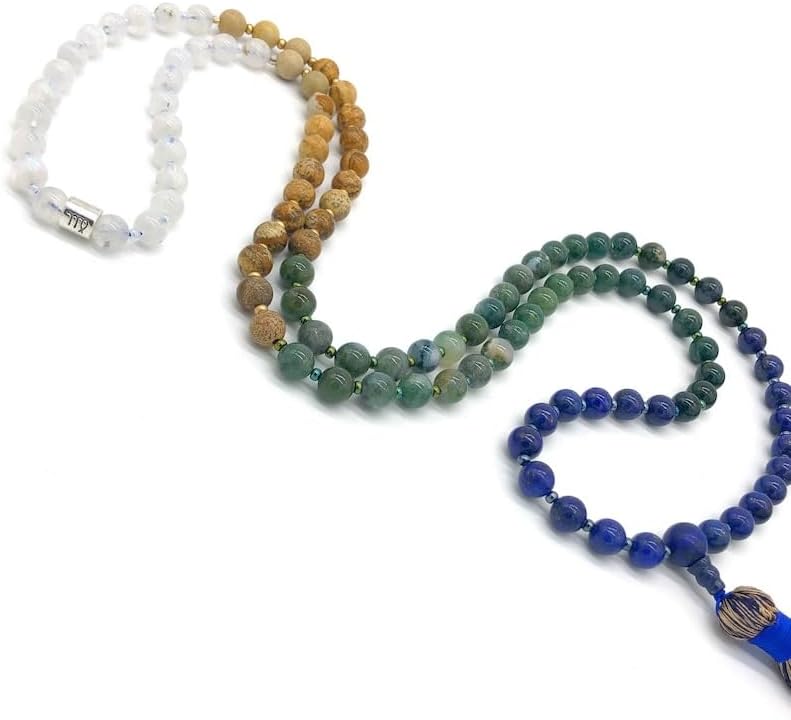 Natural LAPIS LAZULI,MOONSTONE,MOSS AGATE,PICTURE JASPER 8mm 108 Mala Beads, Spiritual, Meditation Beads, Reiki, Japa Mala, Buddhist Prayer Beads, Yoga Bracelet, healing beads LKMALA-RRGU-2653
