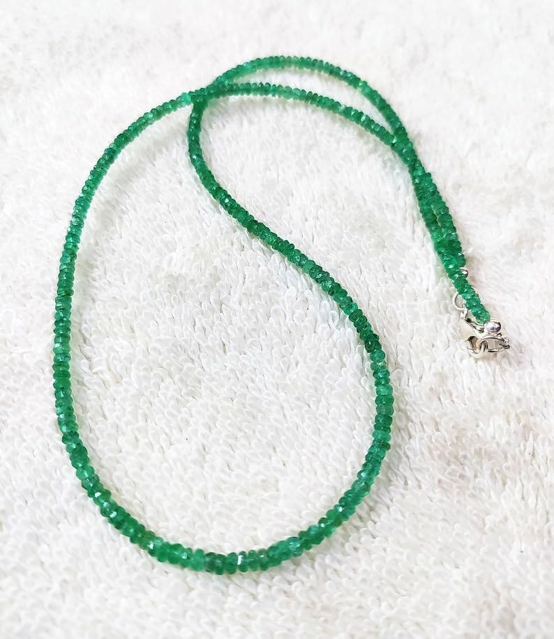 SPARKLE GEMS & JEWELS Natural Zambian Emerald Beaded Necklace – AAA+ Faceted 3-4mm Rondelle Gemstone Beads with 925 Sterling Silver Clasp – May Birthstone Healing Crystal Jewelry