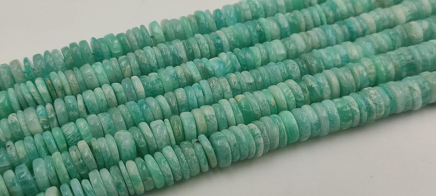 Hanumat Gems Lot of 10 Strands Natural Amazonite Smooth Heishi Gemstone Beads Strand,Amazonite Smooth Beads,Amazonite Tyre Beads,Amazonite Heishi Tyre Beads,7.00-8.00 MM Beads,16 Inches Strand.