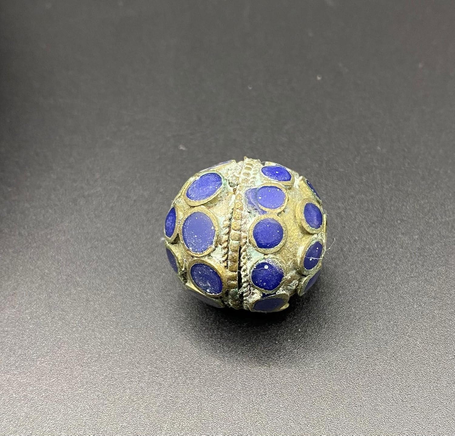 Antique Tibetan Brass Inlay Bead 25x22mm 4.5g | Vintage Lapis Lazuli Stone Handmade for Jewelry Making | Ethnic Nepal for Necklace, Bracelet, Earring Craft | Old Tribal Boho Bead (50)