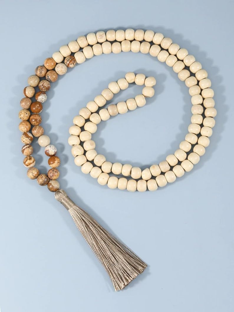 Natural Wooden Beads, picture jasper 8mm 108 Mala Beads, Spiritual, Meditation Beads, Reiki, Japa Mala, Buddhist Prayer Beads, Yoga Bracelet, healing beads LKMALA-RRGU-3704