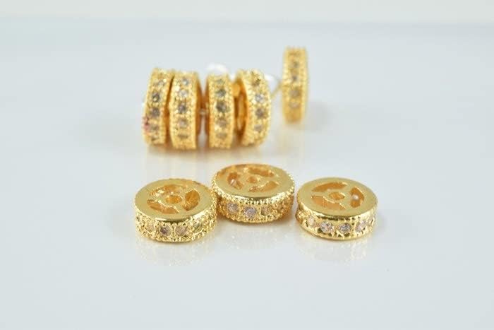 Beaded Jewelry 9mm Roundel 14k Gold Filled EP Micro Pave Beads Clear CZ Cubic Zirconia,14K Gold Filled Spacer Finding,