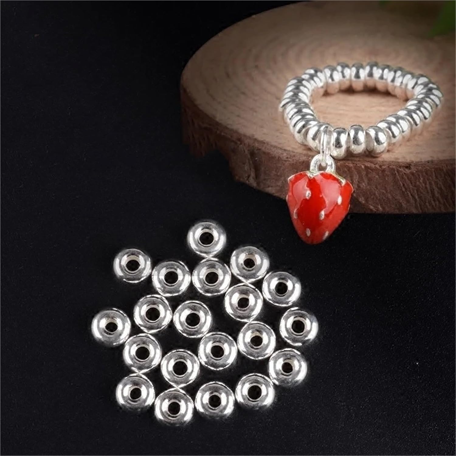 Beads for Jewelry Making 80PCS Silver Beads Flat Round Loose Spacer Large Hole Jewelry Making Findings Components(8mm)