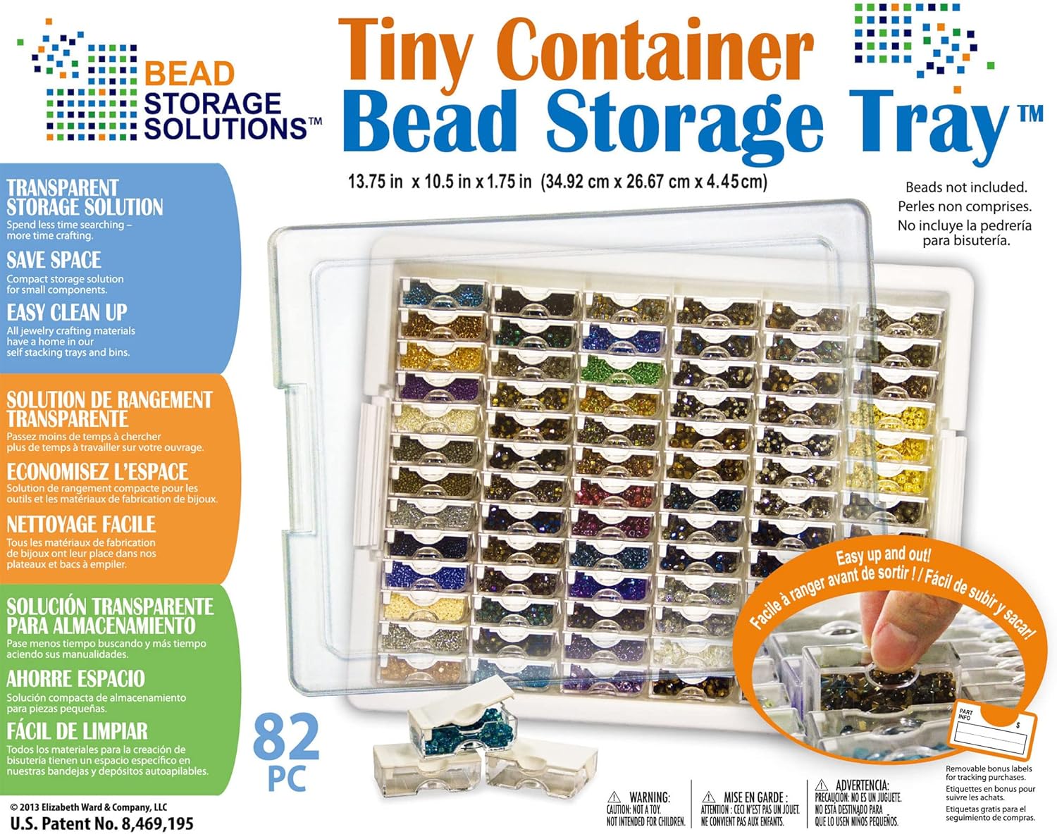 Bead Storage Solutions Elizabeth Ward Plastic Tray and Bead Organizer, 78 Containers of Various Sizes, Tray, and Lid for Beads, 8 Pack, Clear
