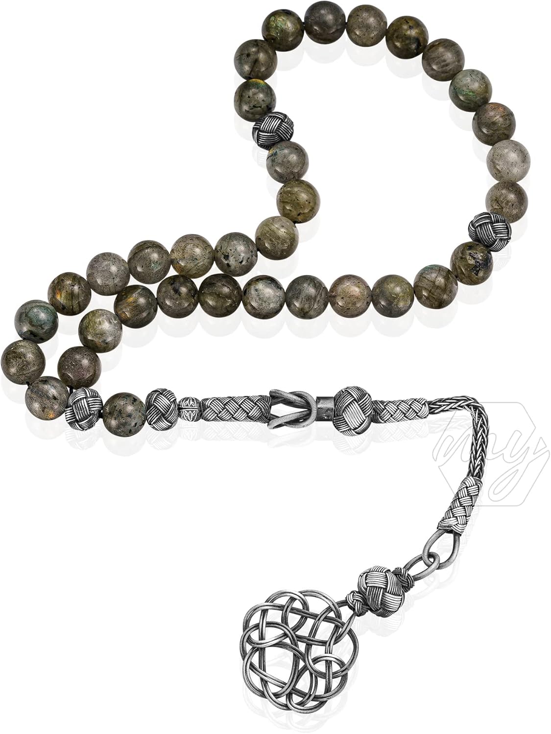 1000 Ct Silver Kazaz Tassel Labradorite Islamic 33 Prayer Beads Tasbeeh Misbaha